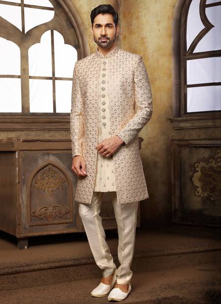 Cream And Peach Colour Party Wear Jacquard Nawabi Indo Western Collection 1124